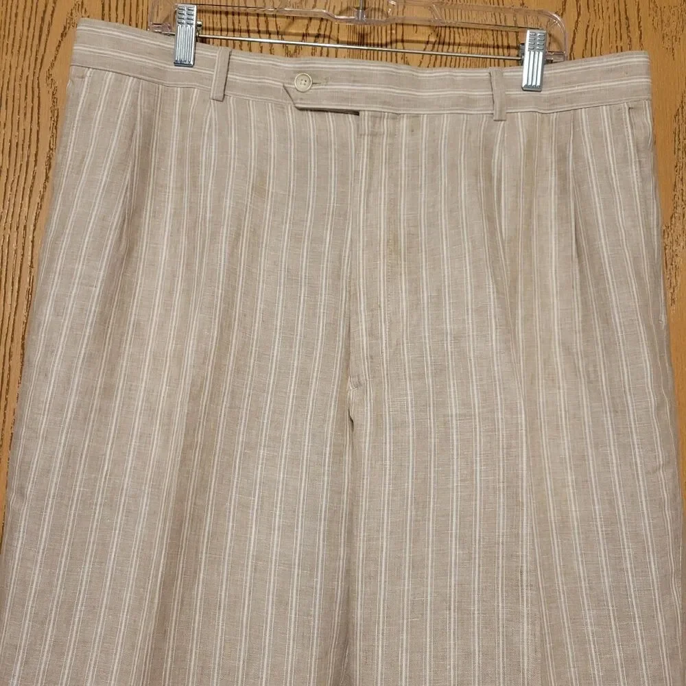 Paul Frederick Men's 100% L inen Beige w/White Vertical Stripes Dress Pants 37W